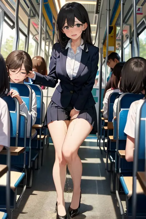 Female teacher peeing、Female teacher and students on the bus、Female teacher stands upright in the aisle of the bus、The female te...