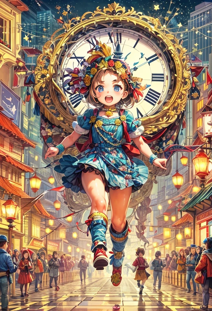 New Year 2024，New Year，Clock hands midnight，flat illustration，flat illustration，(A girl stands on top of a super big clock and runs forward，Look at the audience:1.5)，(anatomically correct, Exquisite face makeup , pretty face, Perfect face proportions，golden ratio body),（Advanced facial details:1.1), full of imagination，warm scene，festive，fireworks，lanterns，celebrate New Year，Vector illustration