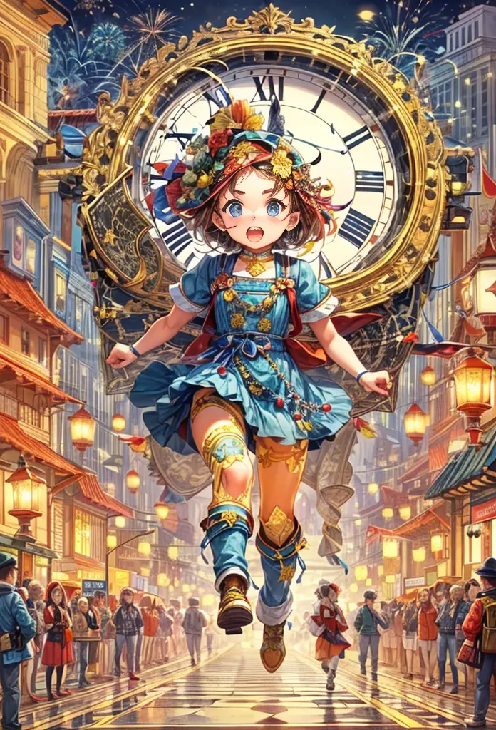 new year 2024，new year，clock hands midnight，flat illustration，flat illustration，(a girl stands on top of a super big clock and r...