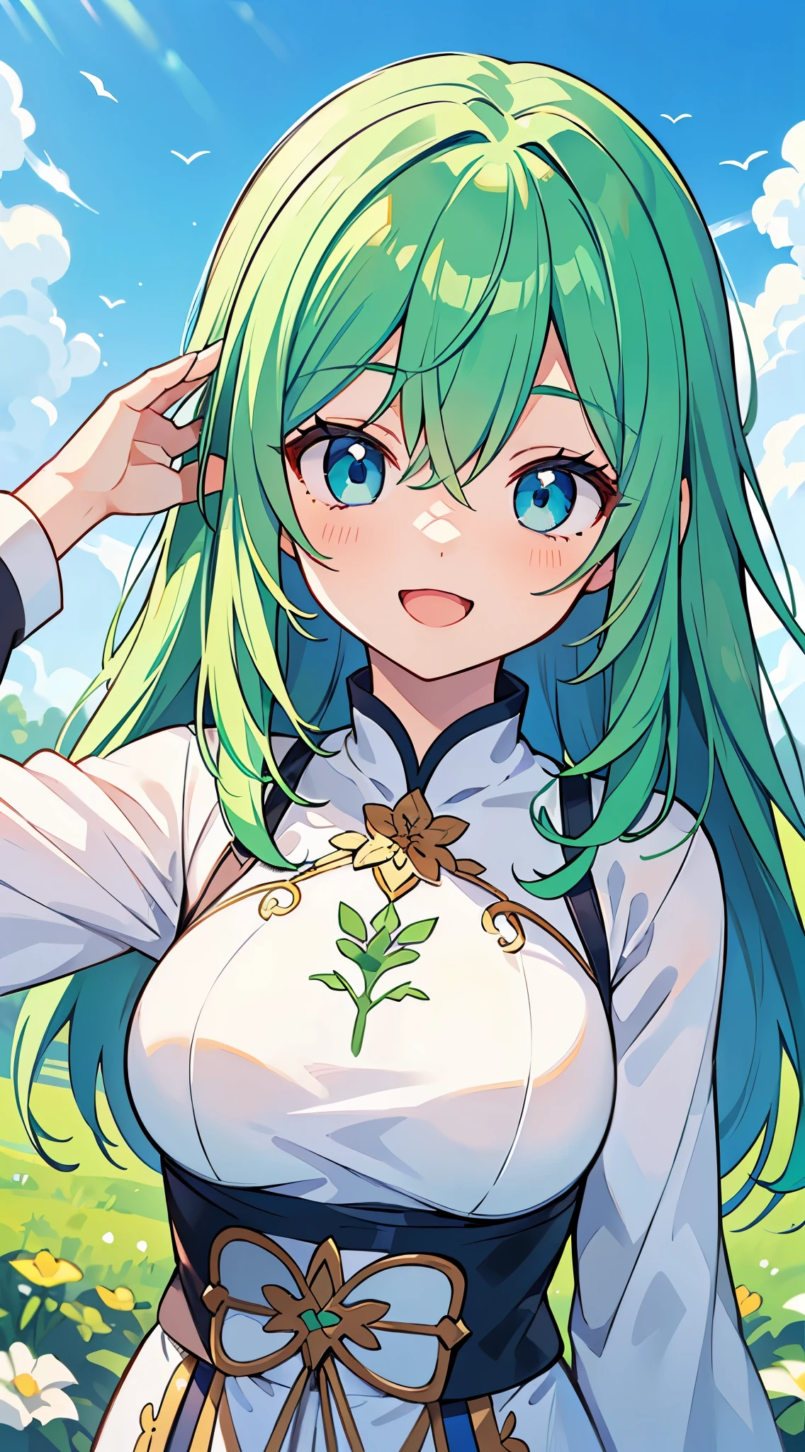 ((A Pretty girl with green hair and blue eyes)), wearing White Ao dai, Loli face, ((master piece, top-quality, ultra-definition, high resolution)), anime girl, ((ultra-detailed illust:1.2)), only one person, bangs, hair between eye, beautiful hair, Beautiful eyes, Medium breasts, Big smile, opened mouth, enjoying, outdoor