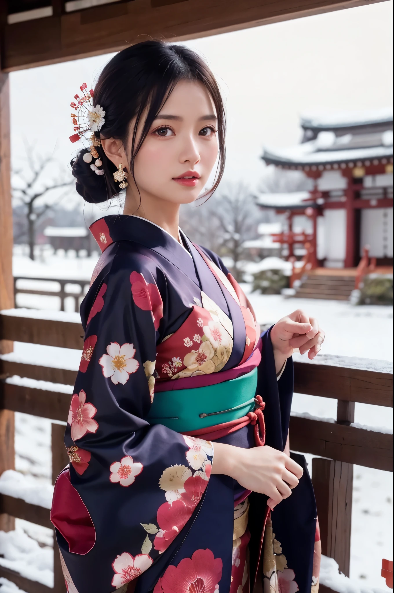 Japanese shinto shrines in snowy landscapes, Early morning of New Year's Day, (A beautiful Japanese girl in a kimono for New Year's celebration, solo, floral print, hair ornaments), masterpiece:1.2, best quality, 8k, RAW photo, (realistic, photo-realistic:1.4), cowboy shot, Like a Japanese Idol, Extremely cute, elegant, Slightly bewitching, parted lips, glossy skin, cinematic composition, professional warm lighting and shading, extremely detailed eyes and face, eyes with beautiful details, insanely detailed beautiful realistic skin texture, (correct body balance, accurate hands, accurate eyes)