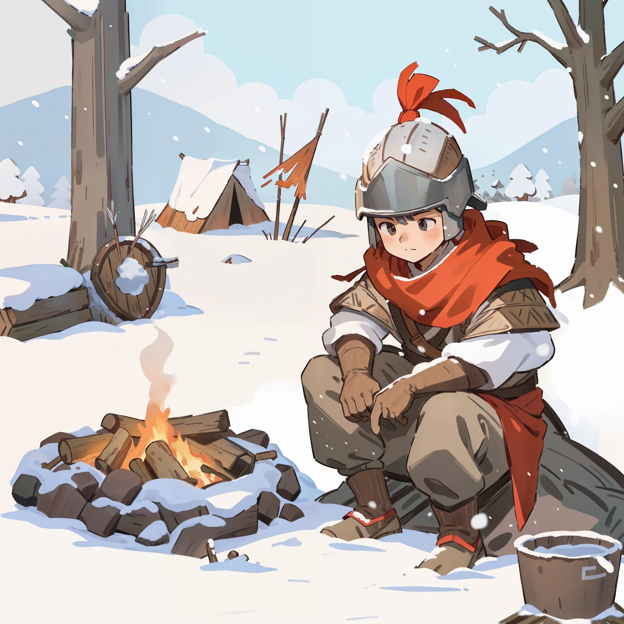 fine，refine，detail，smooth brush，Wood escape，bonfire，Soldier，white snow, that tree, snow, cloth tent，shield，arrow，bucket，wood，snow，falling snow，Soldier，bonfire，panoramic, On the ground next to a burning bonfire，wood，In the distance is a cloth tent that tree and snow-capped mountains，   wasteland， white snow, that tree, snow, panoramic, Side