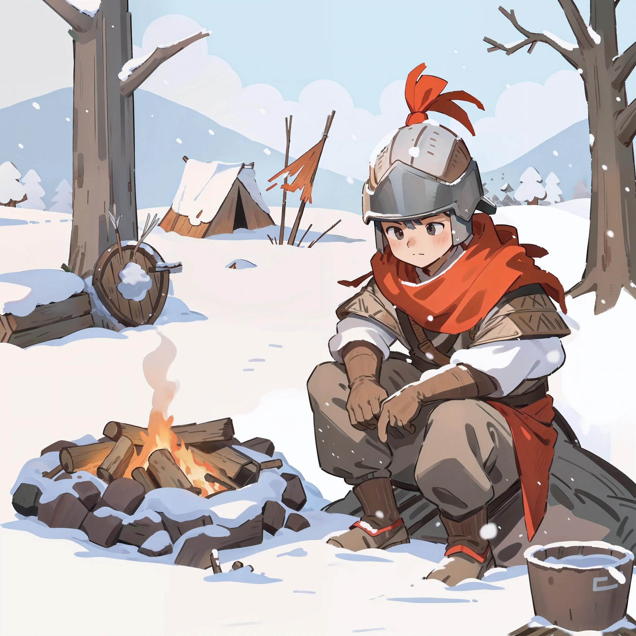 fine，refine，detail，smooth brush，Wood escape，bonfire，Soldier，white snow, that tree, snow, cloth tent，shield，arrow，bucket，wood，snow，falling snow，Soldier，bonfire，panoramic, 燃烧的bonfire旁的地上，wood，远处是一个cloth tentthat tree木和雪山，   wasteland， white snow, 那个that tree, snow, panoramic, side