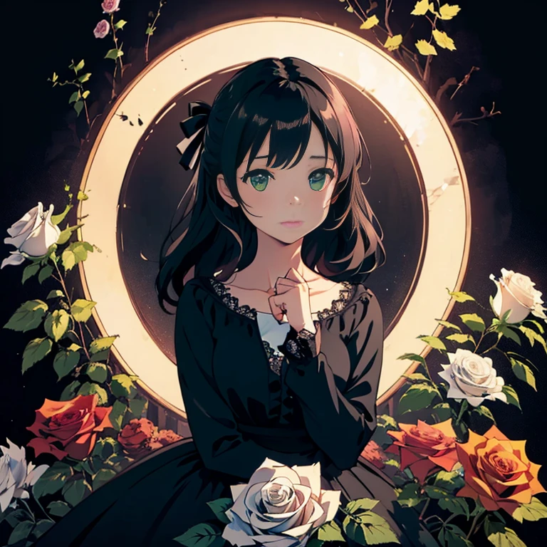 ((masterpiece, best quality)),best aesthetic,1girl, solo, long hair, black dress, flower, ribbon, black background, black hair, rose, hair ribbon, green eyes, long sleeves, white rose, closed mouth, black ribbon, upper body, cinematic lighting