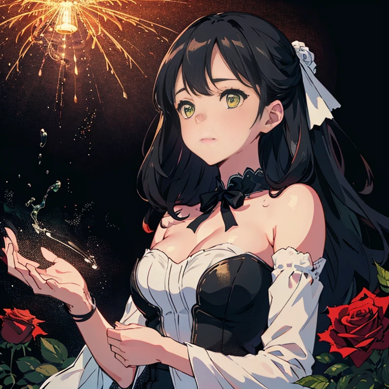 ((masterpiece, best quality)),best aesthetic,1girl, solo, long hair, black dress, flower, ribbon, black background, black hair, rose, hair ribbon, green eyes, long sleeves, white rose, closed mouth, black ribbon, upper body, cinematic lighting