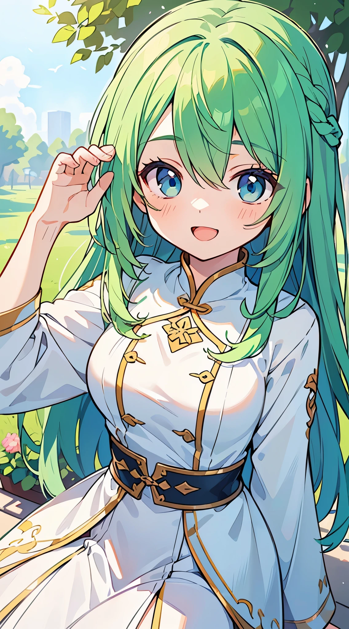 ((A Pretty girl with green hair and blue eyes)), wearing White Ao dai, Loli face, ((master piece, top-quality, ultra-definition, high resolution)), anime girl, ((ultra-detailed illust:1.2)), only one person, bangs, hair between eye, beautiful hair, Beautiful eyes, Medium breasts, Big smile, opened mouth, enjoying, outdoor