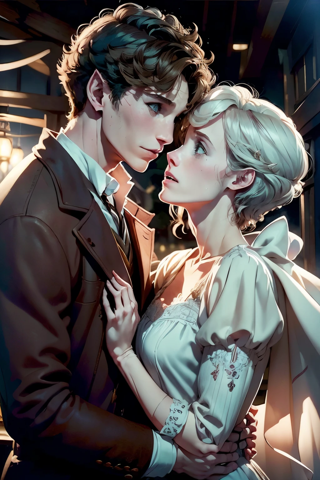 (Eddie Redmayne) Newt scamander from fantastic animals hugging a white middle haired girl, Romantic couple kissing in the wind，anatomy correct, Delicate pattern，Ink painting style, Clean colors, Pink rose space, Soft lighting, (Bokeh)，Masterpiece, Super detailed, Epic composition, Highest quality, 8K.