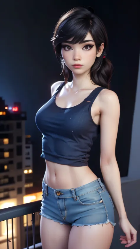 photo of Emiru, RAW, beautiful woman, ((portrait)), ((detailed face:1.2)), ((detailed facial feature, detailed skin, clear skin), (perfect proportioned body), arched back, (wearing a small tank top & short jean shorts) (high detailed city environment, apar...