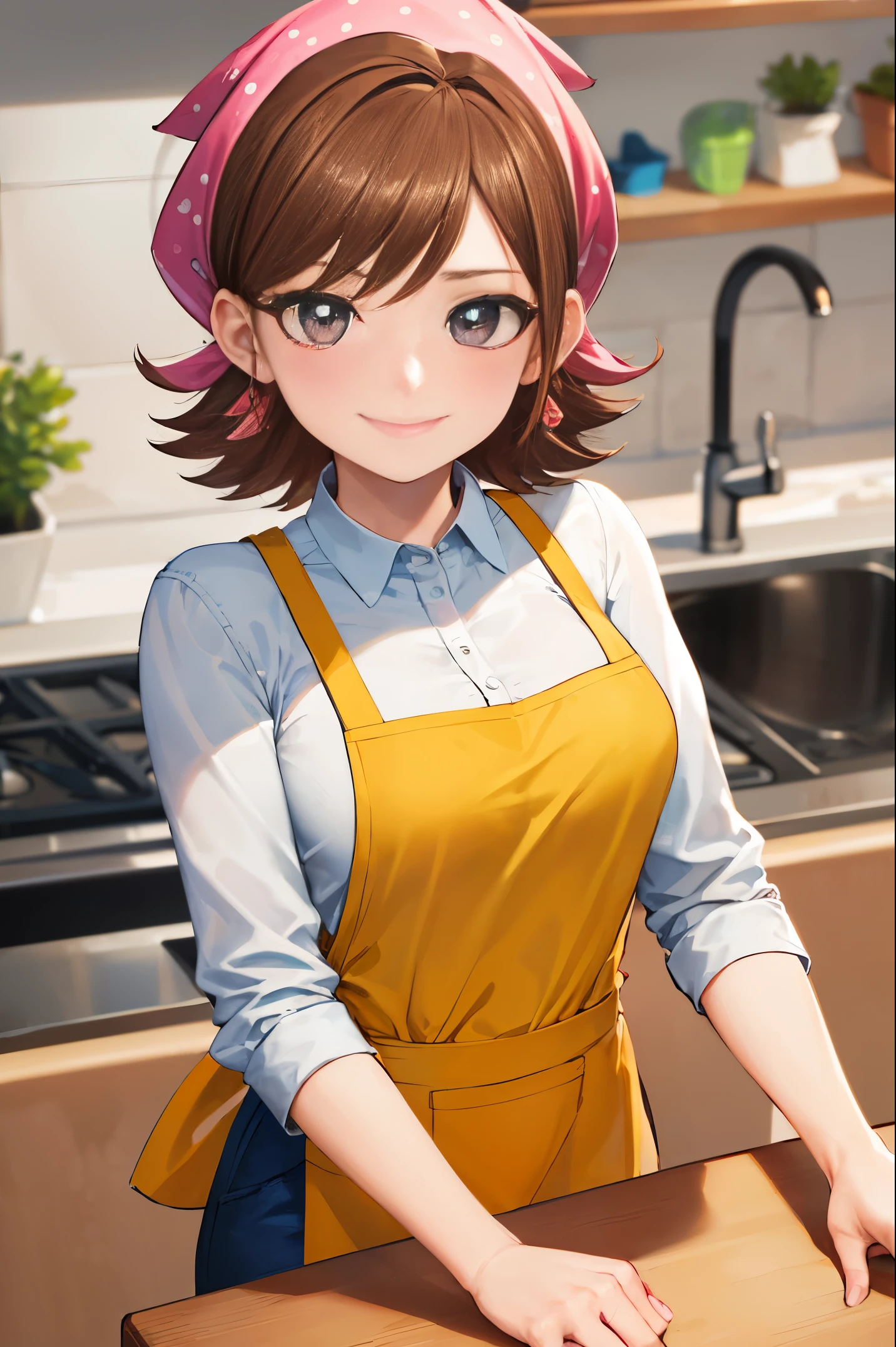 ((best quality)), ((highly detailed)), masterpiece, absurdres, extremely detailed face, beautiful face, (detailed eyes, deep eyes), (1girl), upper body, cookingmama, brown hair, short hair, brown eyes, medium breasts, pink bandana, smiling, (yellow apron), long apron, maxi apron, white collared shirt, sleeves rolled up, blue pants, slippers, white footwear, , indoors, in a kitchen, tea and a coffe in a table