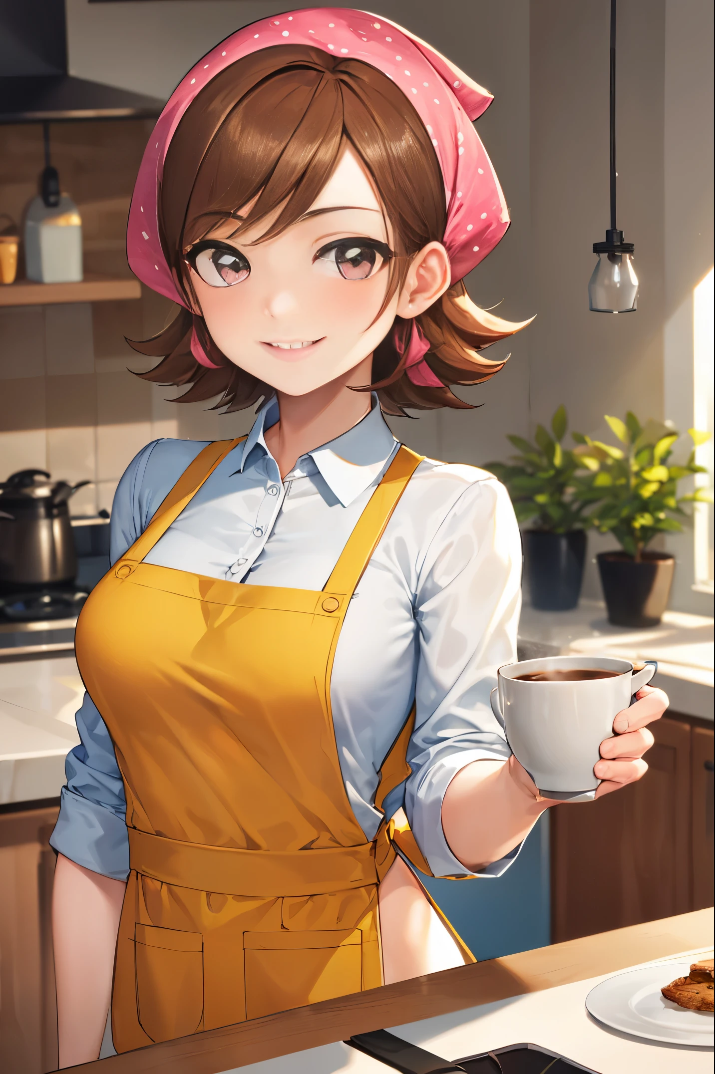 ((best quality)), ((highly detailed)), masterpiece, absurdres, extremely detailed face, beautiful face, (detailed eyes, deep eyes), (1girl), upper body, cookingmama, brown hair, short hair, brown eyes, medium breasts, pink bandana, smiling, (yellow apron), long apron, maxi apron, white collared shirt, sleeves rolled up, blue pants, slippers, white footwear, , indoors, in a kitchen, tea and a coffe in a table