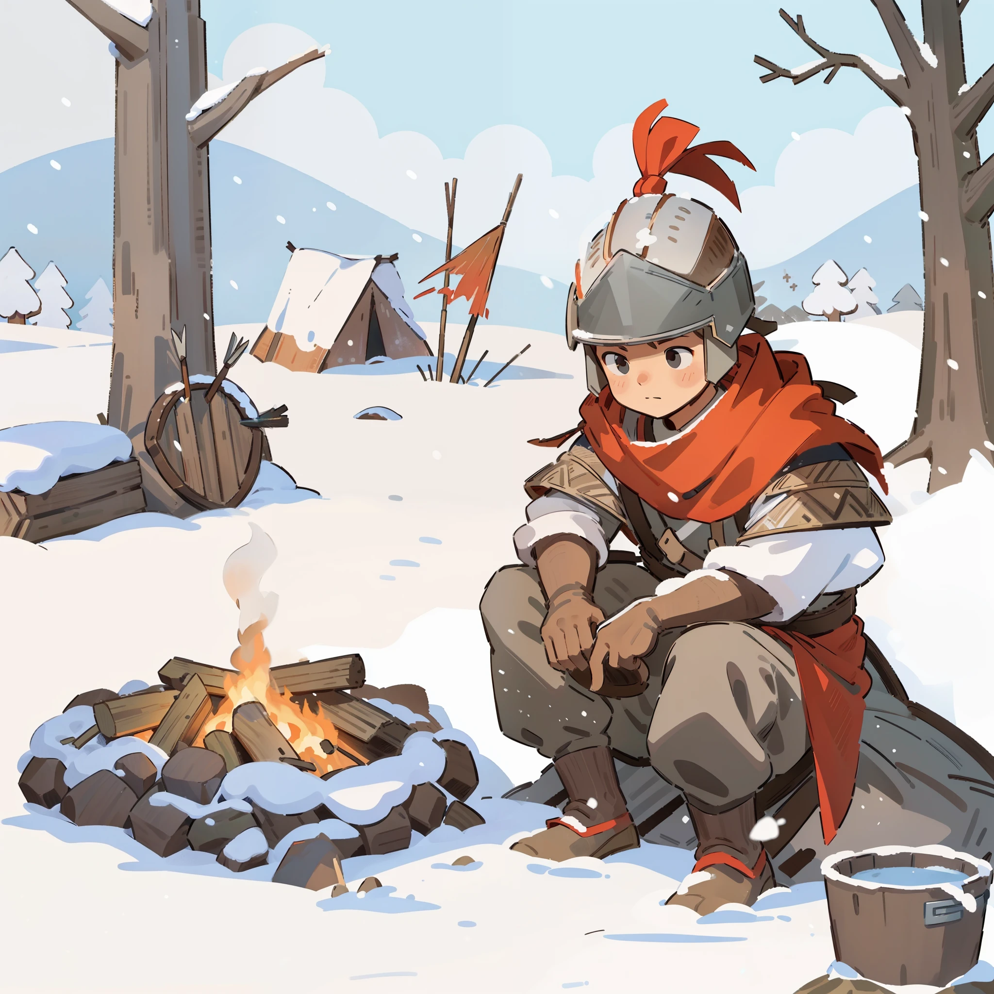 fine，refine，detail，smooth brush，一个Wood escape，上面插着三只arrow，Wood escape，bonfire，Soldier，white snow, that tree, snow, cloth tent，a shield，arrow，bucket，wood，snow，drifting snow，Soldier，bonfire，panoramic, 燃烧的bonfire旁的地上，wood，远处是一个cloth tentthat tree木和雪山，   wasteland， white snow, 那个that tree, snow, panoramic, side