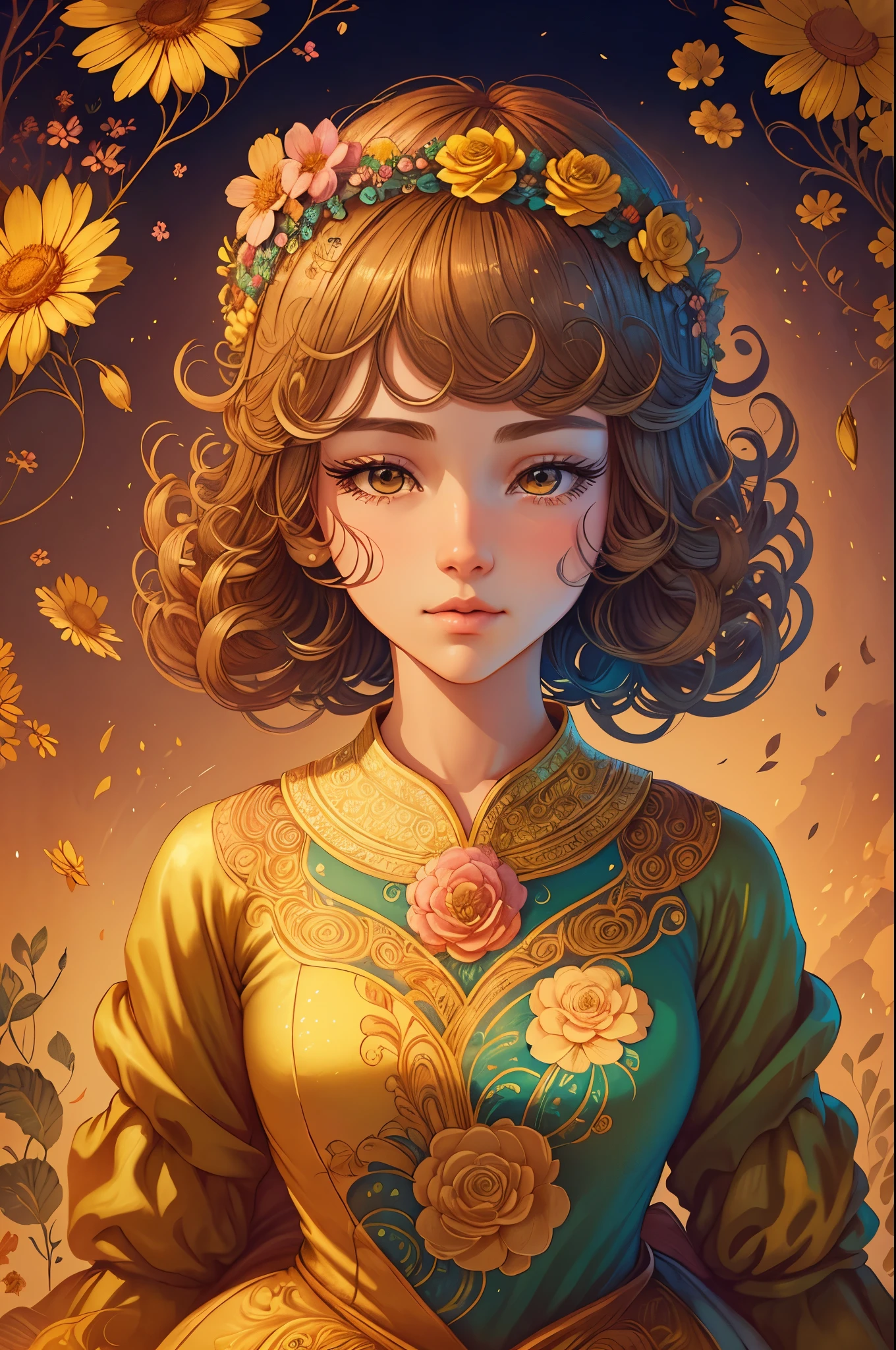 there is a woman with a flower crown on her head, stunning digital illustration, beautiful digital artwork, Exquisite digital illustration, James Jean & Vlop, Gorgeous digital art, Beautiful digital illustration, beautiful art uhd 4 k, beautiful Gorgeous digital art, Highly detailed 4K digital art, beautiful digital art, very beautiful digital art, Beautiful illustration of a girl in flowers wearing eco-friendly couture clothes in vintage style exquisite eco-friendly atmosphere delicate brown and yellow pastel free pose full length