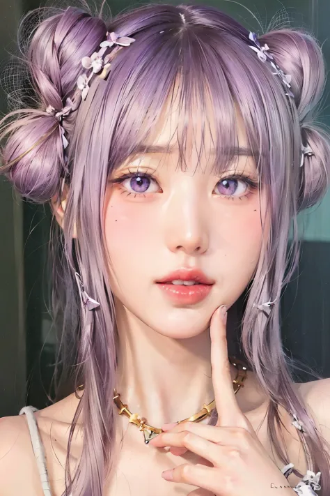 un primer plano de una persona con cabello morado y un collar, retrato realista kawaii, peinado kawaii, linda cara de anime natu...