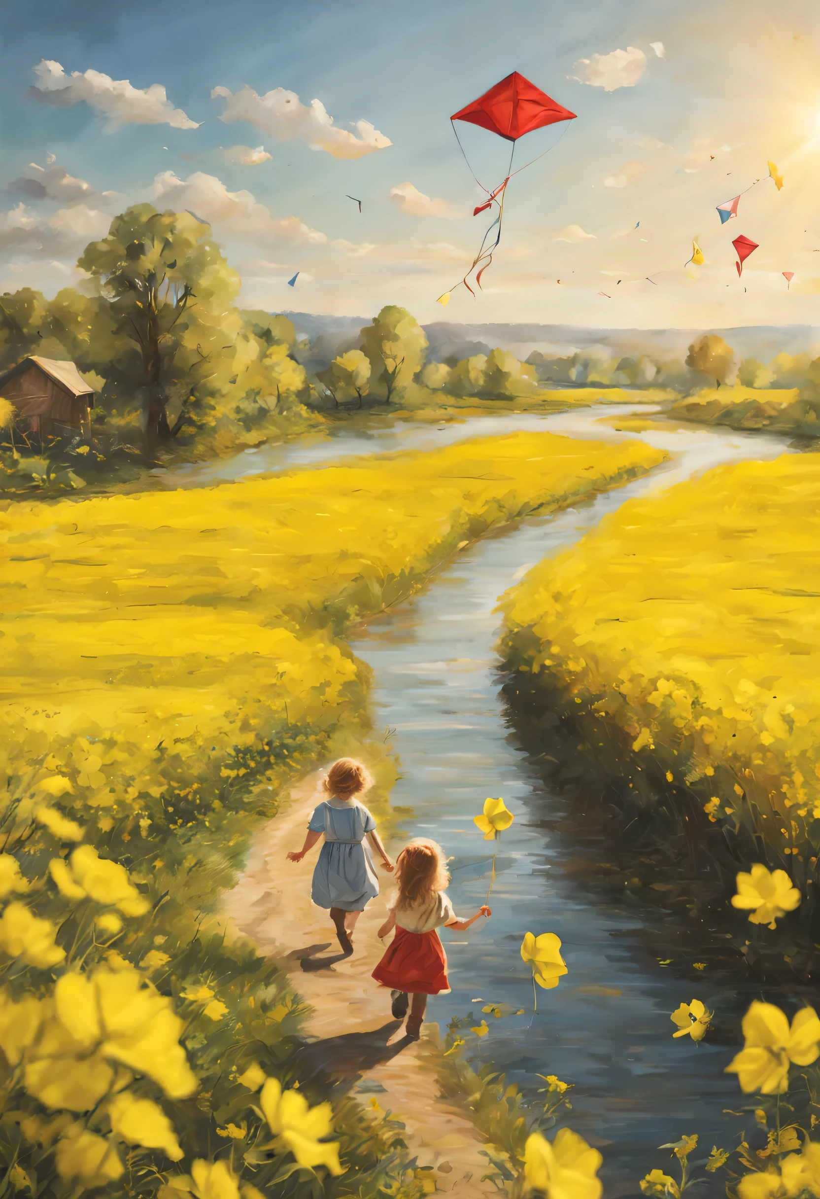 rapeseed flower field，sun，Sunlight，river，Small children flying kites，