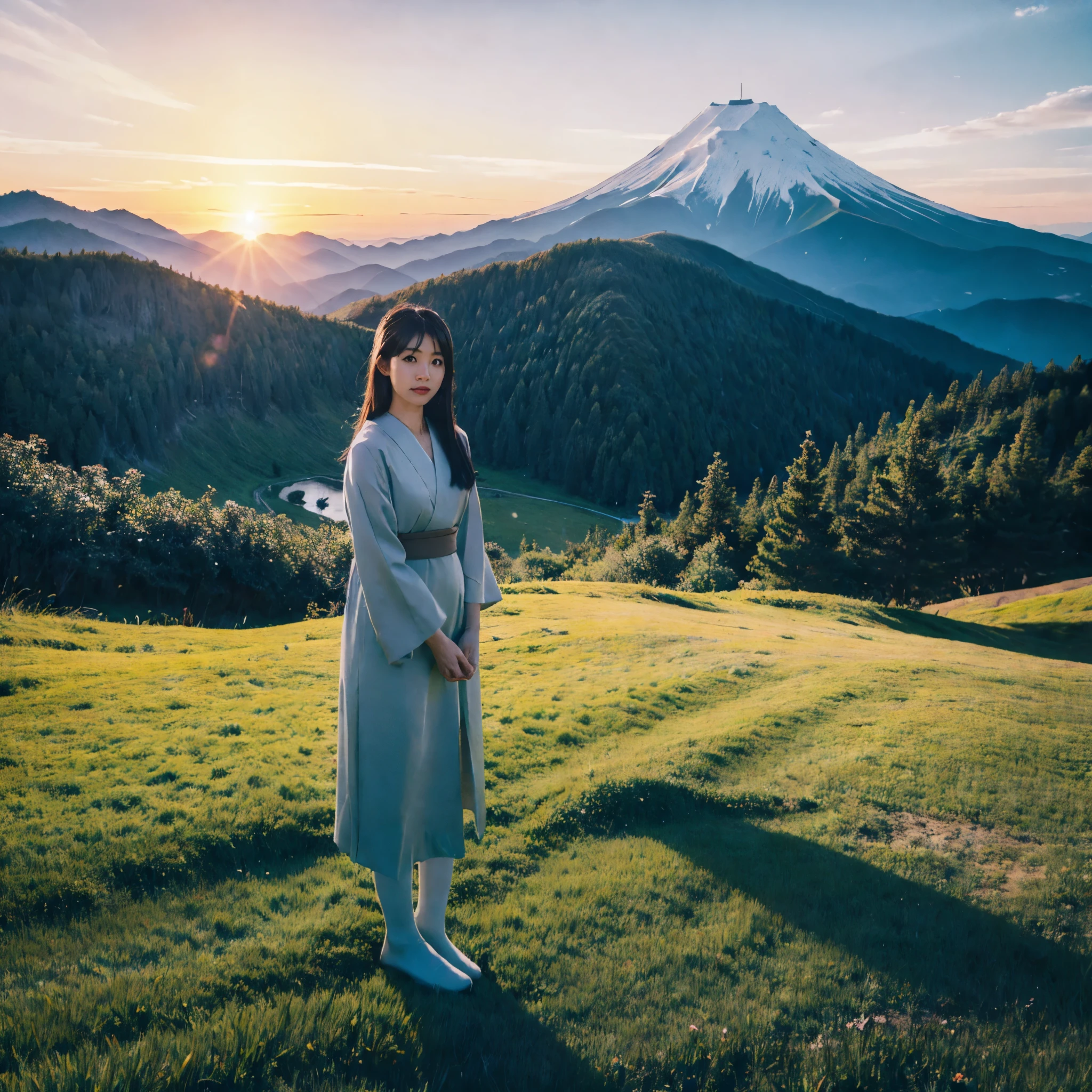 Il y a une fille japonaise debout sur l&#39;herbe, Haute montagne, coucher de soleil