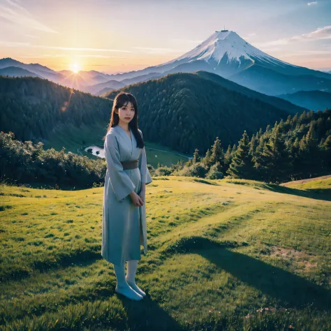 There Is a japanese girl standing on the grass, High Mountain, sunset
