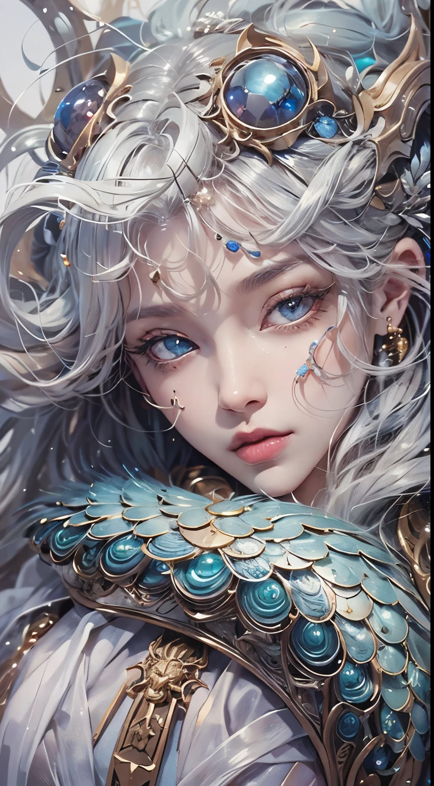 best quality，Super detailed，Best Best Illustration，best shadow，masterpiece，high resolution，professional artwork，famous artwork），surreal style，Delicate eyes，cold eyes，Left and right eyes are different colors，Snake pupils，Eyes slightly closed，（eye focus），surface focus，Close-up of long-haired woman in silk textured clothing，silver hair，floating hair，There are dragon horns on the head，Extremely rich in details，3d goddess portrait，The goddess is extremely rich in details，Stunning goddess portrait，Head portrait of goddeseautiful goddess portrait goddess body closeup portrait，Portrait of norse moon goddess，pure face_v1，Urzang-6500-V1 version.1，