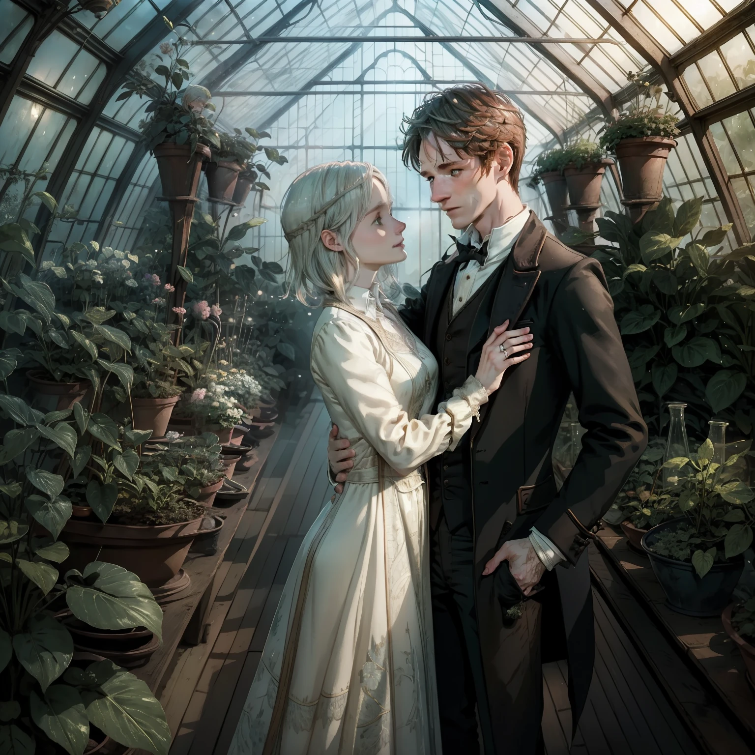 Eddie Redmayne Newt scamander from fantastic animals hugging a white middle haired girl, Romantic couple happy, in a greenhouse, anatomy correct, Delicate pattern，Ink painting style, Clean colors, Soft lighting, (Bokeh)，Masterpiece, Super detailed, Epic composition, Highest quality, 8K.