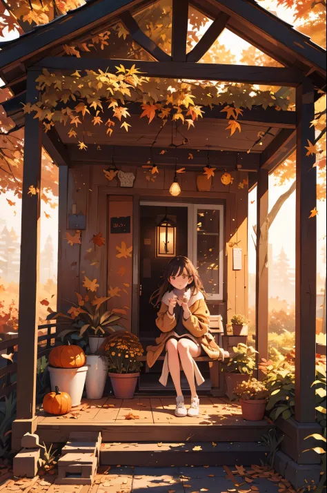 (masterpiece, best quality), 1girl, cozy autumn themed gazebo, beautiful lighting, autumn, picturesque, high contrast, fall deco...