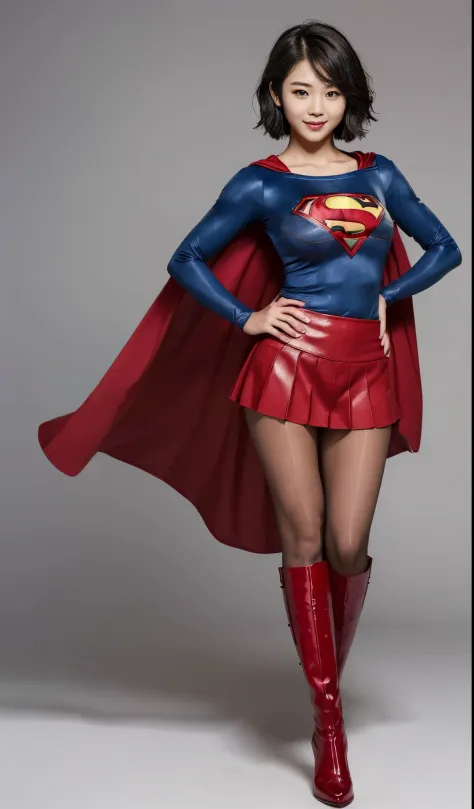 distressed look、My crotch hurts、suffering、Done、defeated、Defeated by enemies、(((Wear black tights on your beautiful legs.)))、(((Legal expression of the beauty of a smile)))、((((Make the most of the original image)))、(((Supergirl Costume)))、(((Beautiful shor...