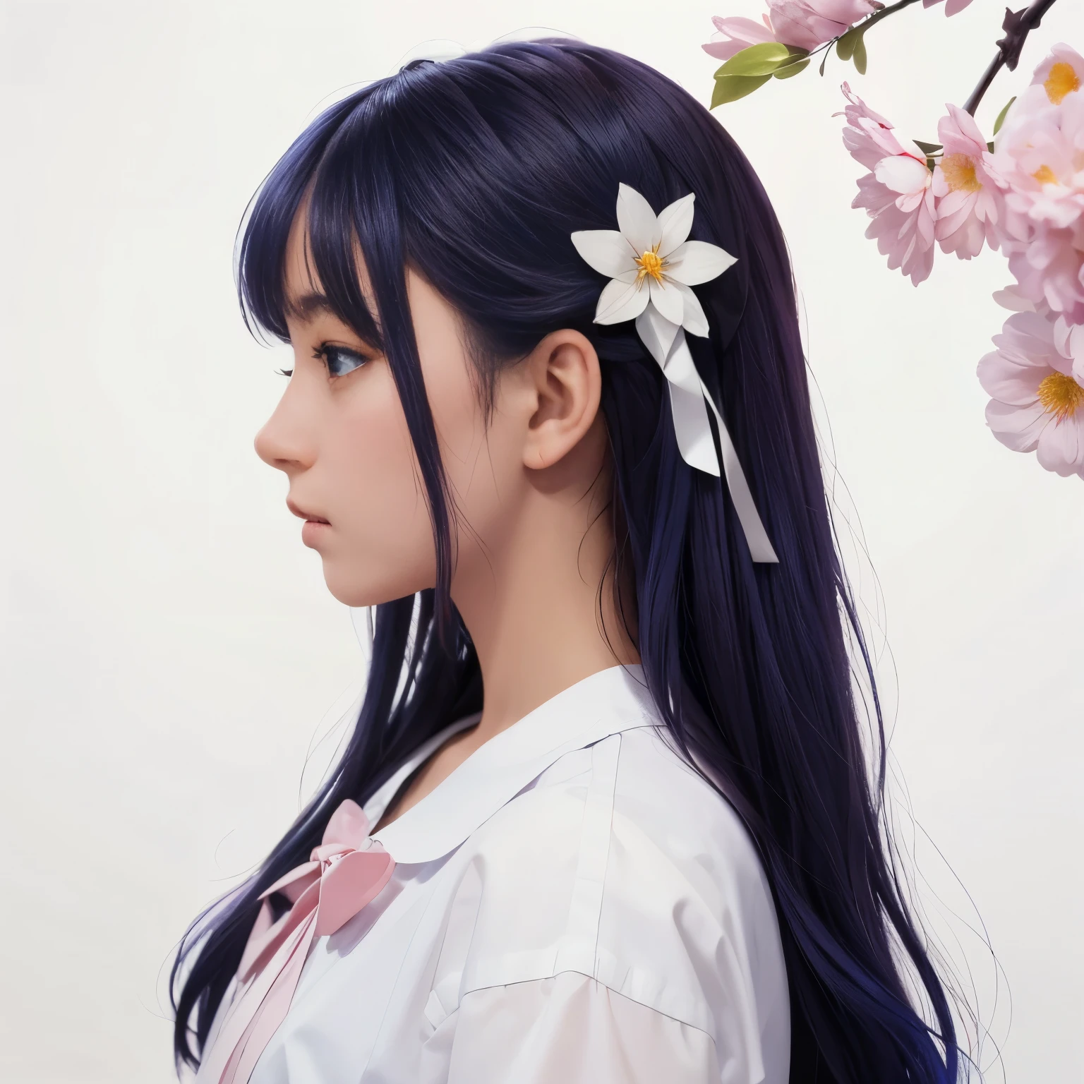 highest quality, masterpiece, very detailed, detailed background, 1 girl, alone, long hair, flower, blue hair, white background, pink flower, simple background, profile, upper body whole body, shirt, white shirt, white flower, bow, bangs, purple eyes, leaf, blush