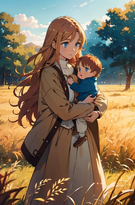 woman with light brown eyes, Long-haired and light red-haired girl holding a blond baby boy with blue eyes standing in a field