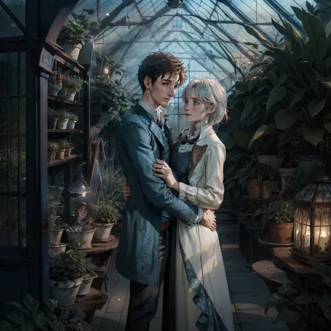 eddie redmayne newt scamander from fantastic animals hugging a white middle haired girl, romantic couple happy, in a greenhouse,...