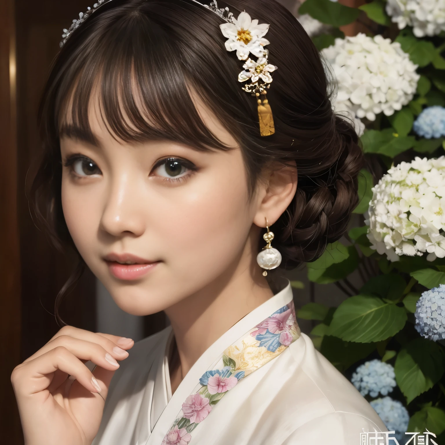 masterpiece, Highest, night, full moon, 1 female, mature woman, Chinese style, ancient China, sister, Royal sister, smile, dark brown hair, black hair, princess cut, Mitsuami, curly hair, Double ball head, pale pink lips, Calm, Intellectual, medium hair, green pupils, hairpin, hydrangeas, delicate face, close up face, Hand close-up