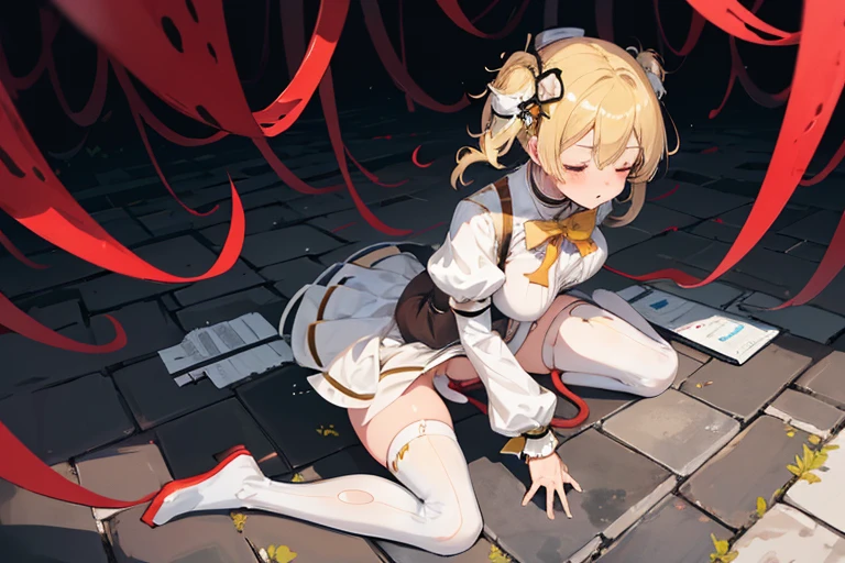 1 girl, solo, , perfect anatomy, kneeling on ground, mami tomoe, masterpiece, best quality, highres, big breast, closed eyes, :o, unconscious, torn clothes, (white panties:1.2) BREAK red tentacles, scenery