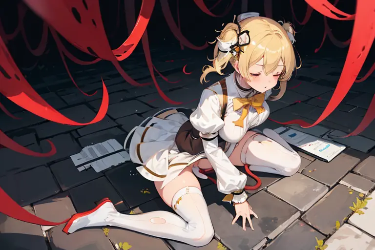 1 girl, solo, corpse, perfect anatomy, kneeling on ground, mami tomoe, masterpiece, best quality, highres, big breast, closed ey...