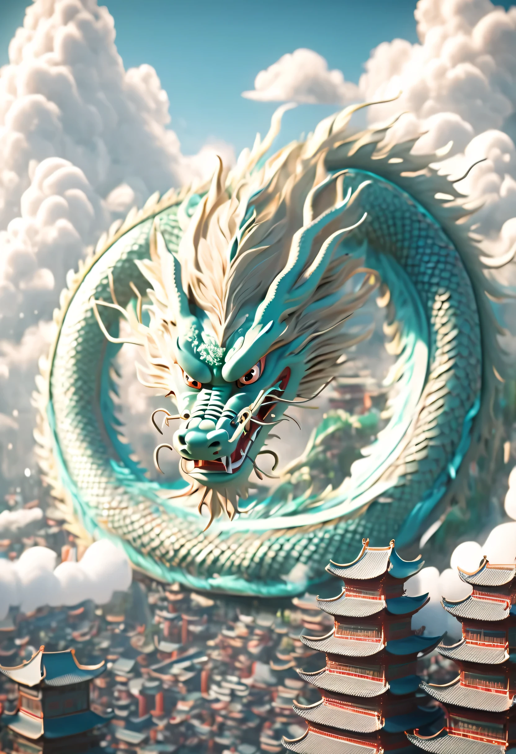 A Chinese dragon, hovering in the white clouds, below is a traditional Chinese city, realistic texture, smooth surface, Pixar style, cartoon characters, soft colors, fine gloss, sunlight exposure, depth of field, 3D rendering, C4D,  best quality, full HD 8K