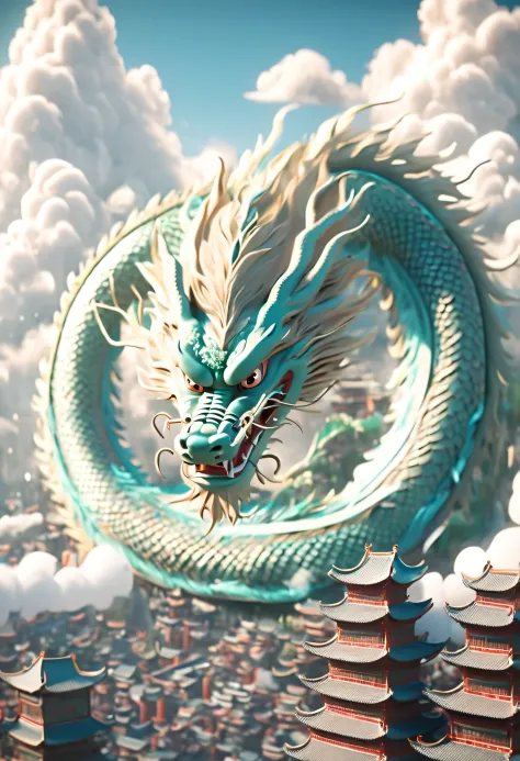 A Chinese dragon, hovering in the white clouds, below is a traditional Chinese city, realistic texture, smooth surface, Pixar st...