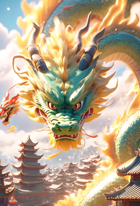 A Chinese dragon, hovering in the white clouds, below is a traditional Chinese city, realistic texture, smooth surface, Pixar st...