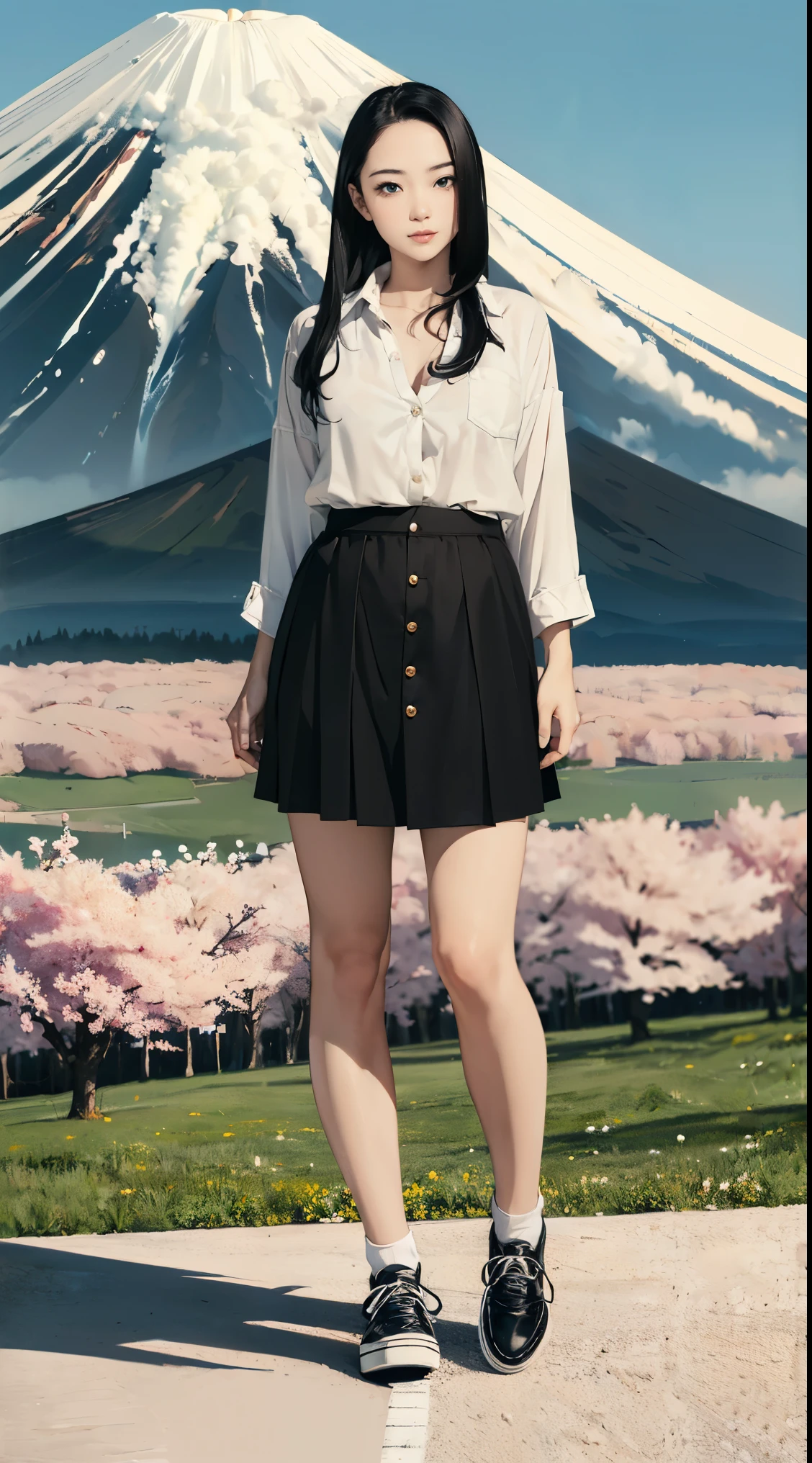 ((Beautiful 35_year_old japanese_woman with pale skin):1.5), ((long_black_hair):2), ((japanese_woodlands):1), ((sagging_breasts):1.8), ((breasts_apart):1.5), ((wearing loose_long_skirt and white_button_up_shirt and black_shoes):2), ((full_body_photo):2), (smooth_skin), (perfect_fingers), ((better_eyes):1.2), ((bright_sunlight):1), ((perfect_face):2), ((beautiful_face):1.8), ((feminine_face):1.8), ((grassy_plain and cumulus_clouds):1), ((mount_fuji in distance and sakura_tree_blossoms):1.3), ((perfect_body):2), ((perfect_hands):1.2), ((best_quality):1.6), (perfect_fabric):1.2), ((Masterpiece):1.6), ((Hyper_Realism):1.4), ((perfect_pose):1.2)