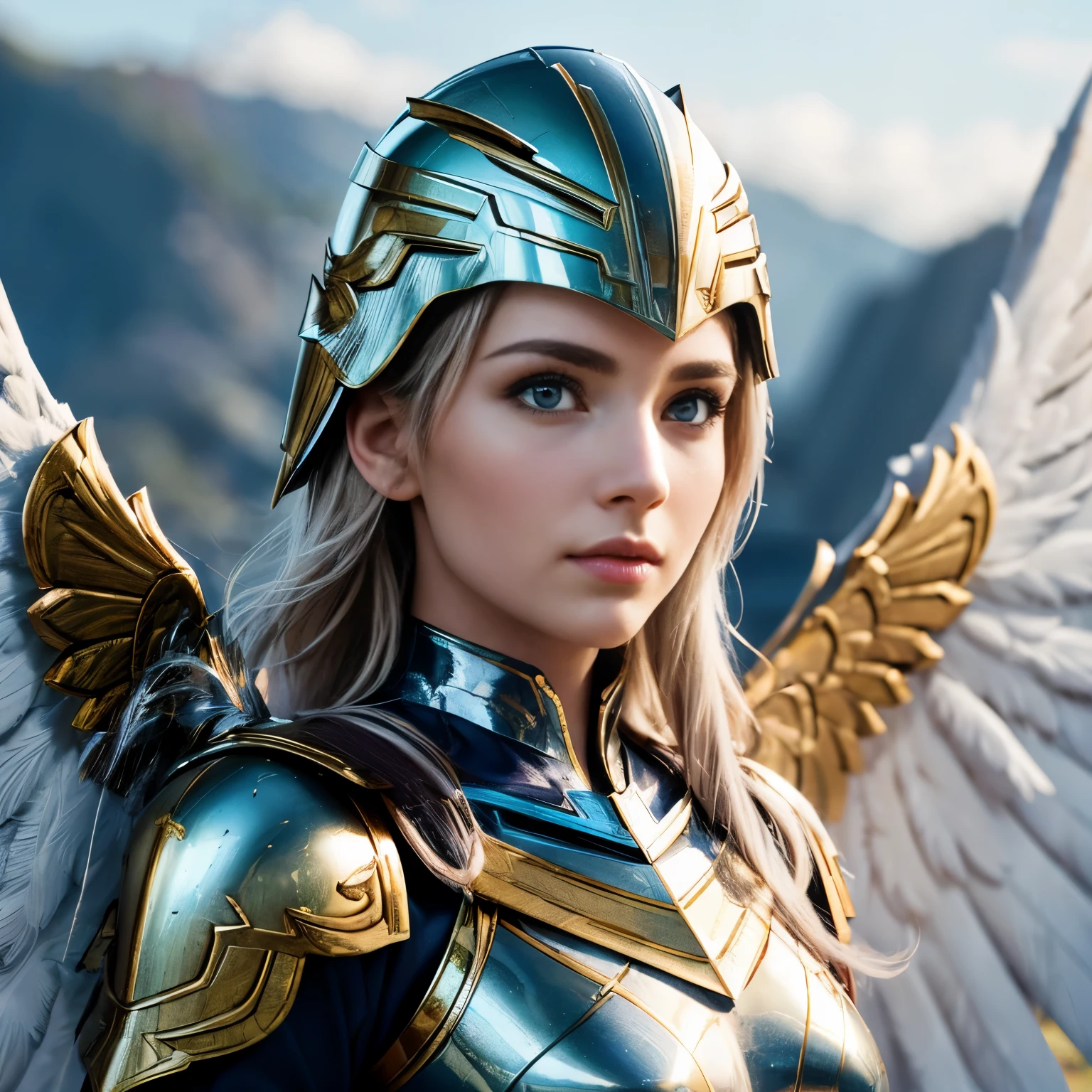 (L1vvydunne:.95), High angle photo of gorgeous young Valkyrie woman in the style of Stefan Costic, realistic skin texture,(winged helmet:1.1), (ValkyrieArmor:1.2), 1 / 2 Body crop, 8 5 mm Art Lens, F 1. 2, sharp focus, 8 K high definition, Extremely detailed, complicated, elegant, Art by Stanley Lau and Artgerm