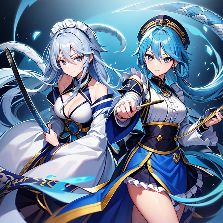 (Snake King Kaira),男性1 person,Blue-haired,semi-long,Bouncing hair,kimono,have a sword,blue eyes,woman next to me{(Sakuya Izayoi)silver hair,Braid,navy maid uniform,white ruffles,white brim on head,have a knife}1 person