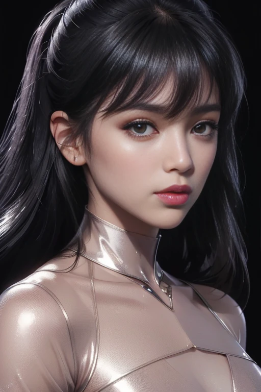 8K, Raw photo, realistic: 1.25), (lip gloss, eyelash, shiny face, Glossy skin, highest quality, ultra high resolution, Depth of the bounds written, chromatic aberration, caustics, Moisturized lips, Ultra cropped face, Shining Detail Eyes, black hair, semi-long, Snazzy, Tight knit dresses, Transparent breasts