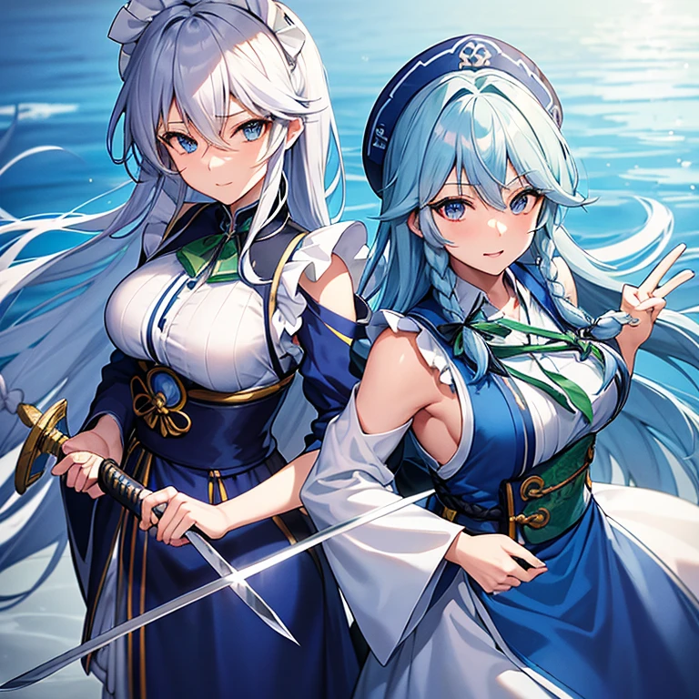 (Kaira Jyaou),男性1 person,Blue-haired,semi-long,Bouncing hair,kimono,have a sword,blue eyes,woman next to me{(Sakuya Izayoi)silver hair,Braid,navy maid uniform,white ruffles,white brim on head,have a knife}1 person