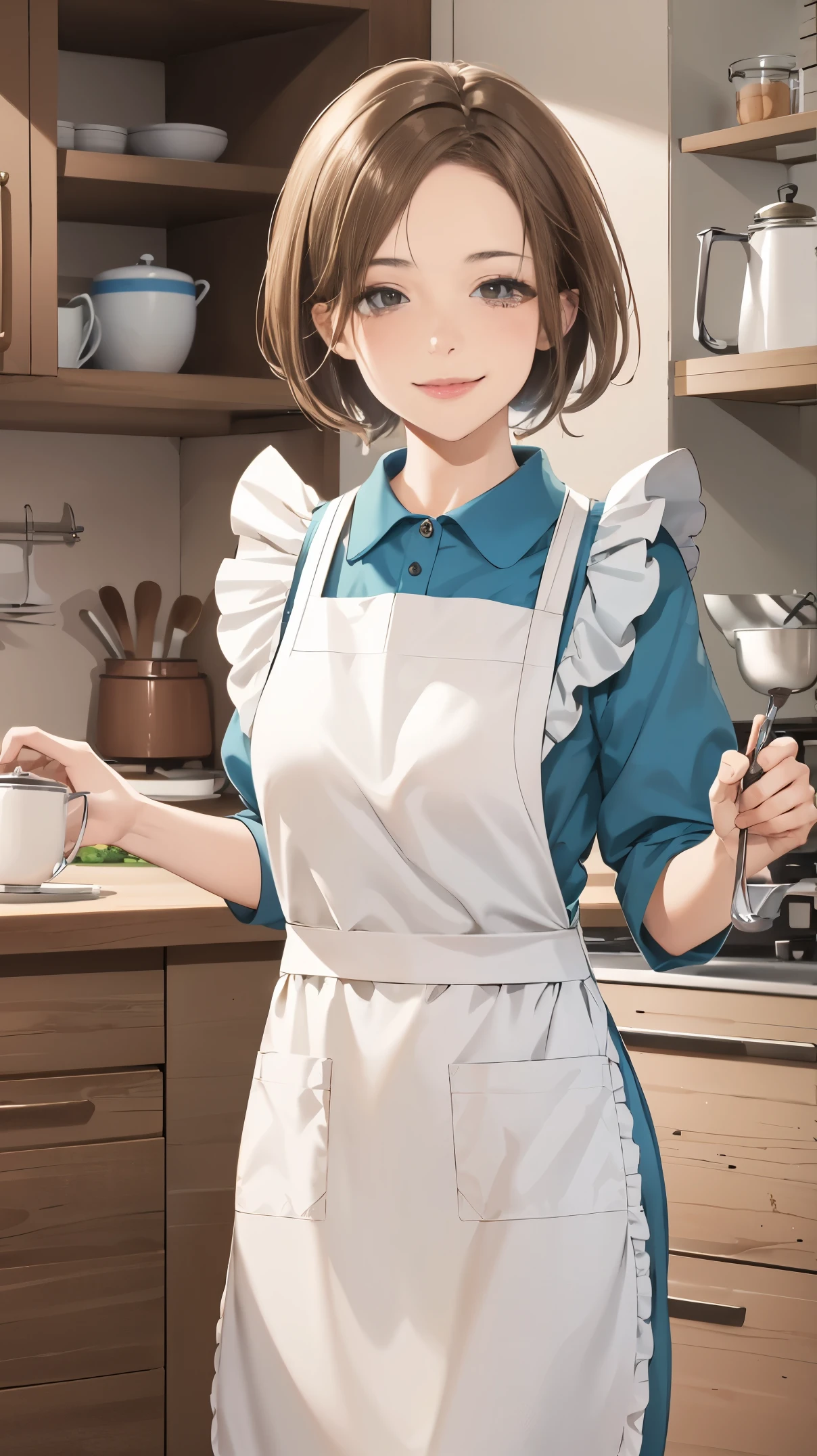 ((best quality)), ((highly detailed)), masterpiece, absurdres, extremely detailed face, beautiful face, (detailed eyes, deep eyes), (1girl), upper body, cookingmama, brown hair, short hair, brown eyes, medium breasts, pink bandana, smiling, (yellow apron), long apron, maxi apron, white collared shirt, sleeves rolled up, blue pants, slippers, white footwear, , indoors, in a kitchen, tea and a coffe in a table