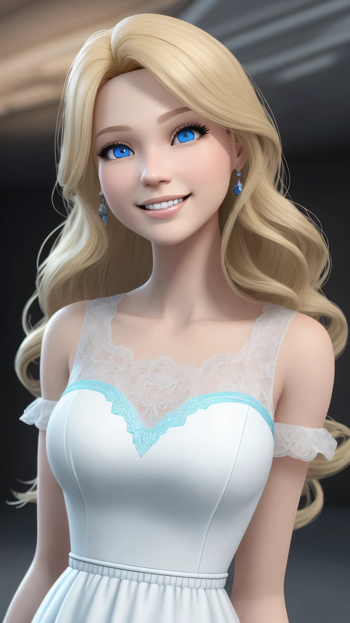 blond Barbie princess with blue eyes, Delicate and beautiful face，cabellos largos dorados, fresh flowers，adolable，Clean and nice，white dress, dream magical, smile，Disney  style 8K,Highest high resolution,best qualtiy，offcial art，unreal-engine， depth of fields、（complexdetails：1.3）， hdr， （Ultra-fine drawing：1.15）， （movie picture quality：1.4）， octaneratingrendering，Ultra photo realisms， insanely details, from below, octaneratingrendering，。.3D, C4D