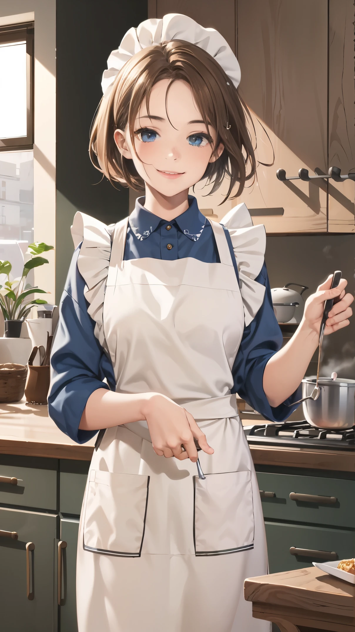 ((best quality)), ((highly detailed)), masterpiece, absurdres, extremely detailed face, beautiful face, (detailed eyes, deep eyes), (1girl), upper body, cookingmama, brown hair, short hair, brown eyes, medium breasts, pink bandana, smiling, (yellow apron), long apron, maxi apron, white collared shirt, sleeves rolled up, blue pants, slippers, white footwear, , indoors, in a kitchen, tea and a coffe in a table