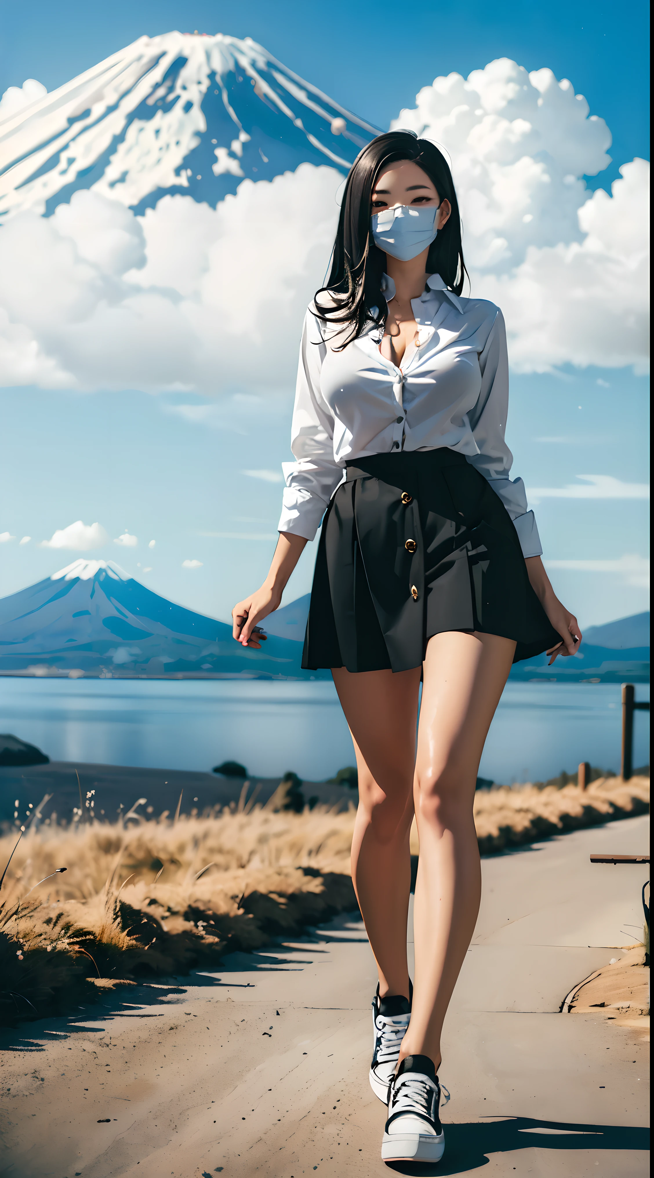 ((Beautiful 35_year_old japanese_woman with pale skin):1.5), ((long_black_hair):2), ((japanese_woodlands):1), ((sagging_breasts):1.8), ((breasts_apart):1.5), ((wearing loose_long_skirt and white_button_up_shirt and black_shoes):2), ((full_body_photo):2), (smooth_skin), (perfect_fingers), ((better_eyes):1.2), ((bright_sunlight):1), ((perfect_face):2), ((beautiful_face):1.8), ((feminine_face):1.8), ((grassy_plain and cumulus_clouds):1), ((mount_fuji in distance and sakura_tree_blossoms):1.3), ((perfect_body):2), ((perfect_hands):1.2), ((best_quality):1.6), (perfect_fabric):1.2), ((Masterpiece):1.6), ((Hyper_Realism):1.4), ((perfect_pose):1.2)