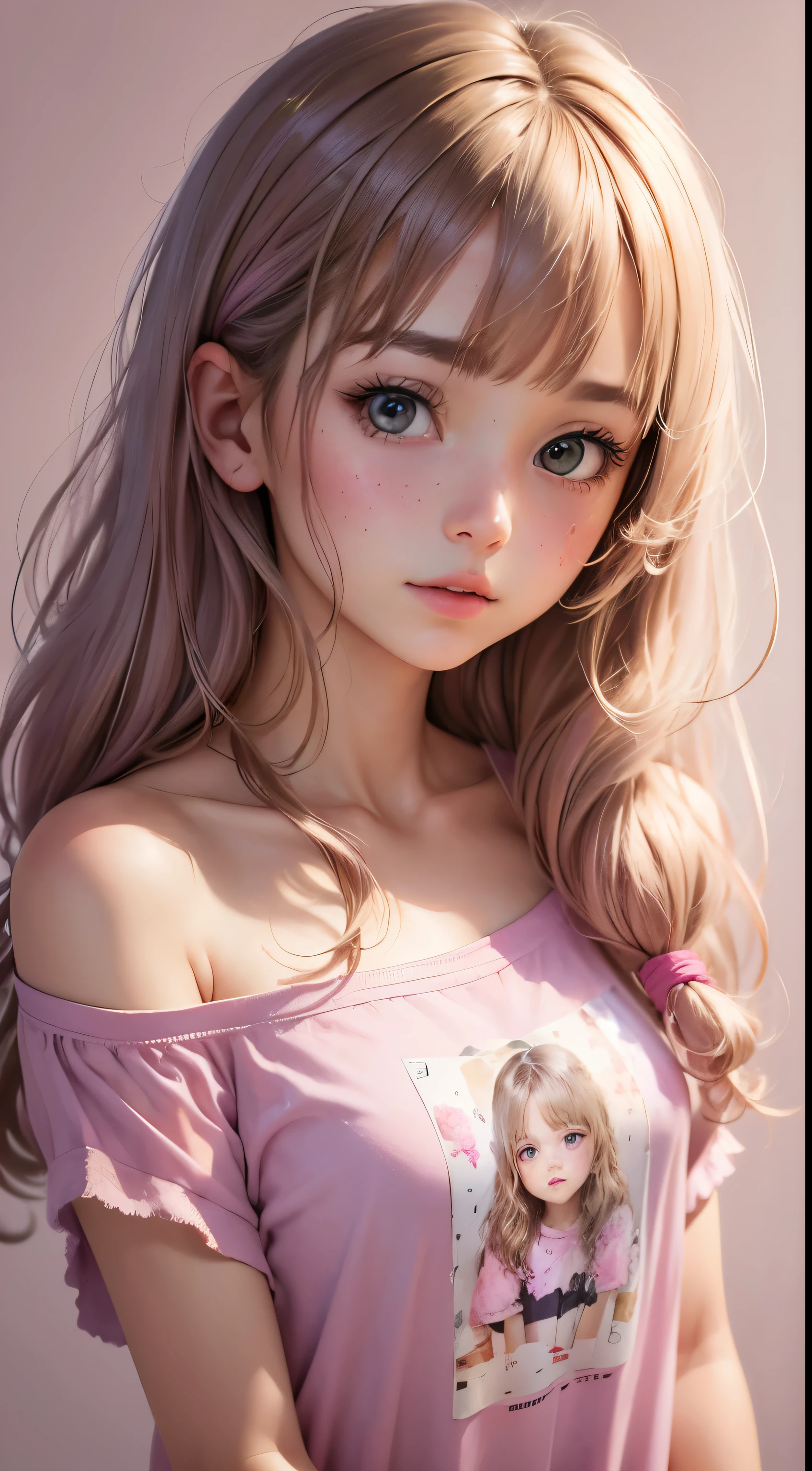 (pieces fly),(highest quality:1.1),(Super detailed),best illustrations,fine details,(portrait photography:1.1),(watercolor painting)fluffy,1 girl,alone,13 years old,slim,(extremely delicate and beautiful face),(detailed beautiful eyes),pink thick lips,(messy hair),(Wearing a pink baggy T-shirt),Soft and lazy,(simple background:1.2)All-color backgrounds,clear parts,In 4K,naked,full shot,全nakedやん,