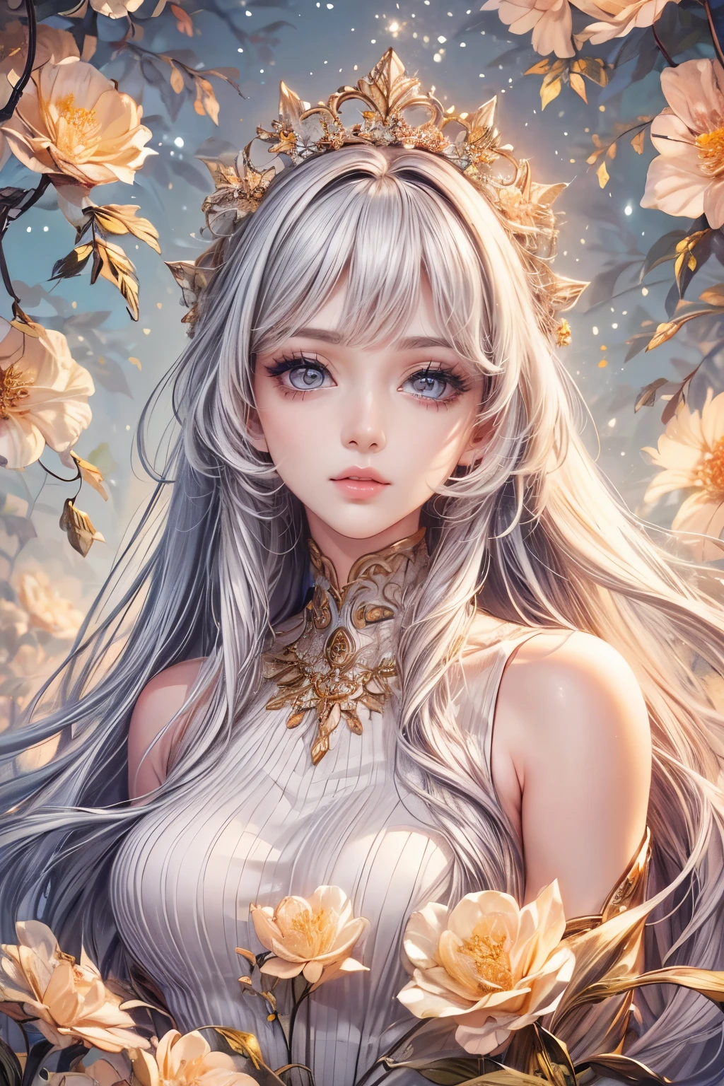 (best quality,8K,CG),detailed upper body, girl,floral forest background,complex facial features,elegant long curly hair,almond-shaped big eyes,detailed eye makeup,long eyelashes,twinkling stars,exquisite lip details,soft and harmonious style.