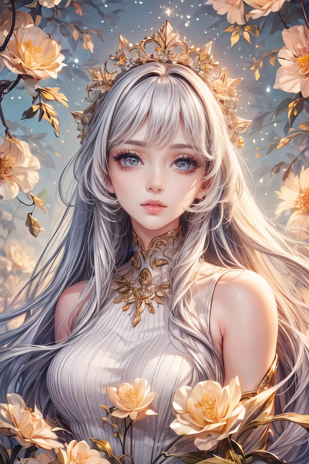 (best quality,8K,CG),detailed upper body,lonely girl,floral forest background,complex facial features,elegant long curly hair,almond-shaped big eyes,detailed eye makeup,long eyelashes,twinkling stars,exquisite lip details,soft and harmonious style.