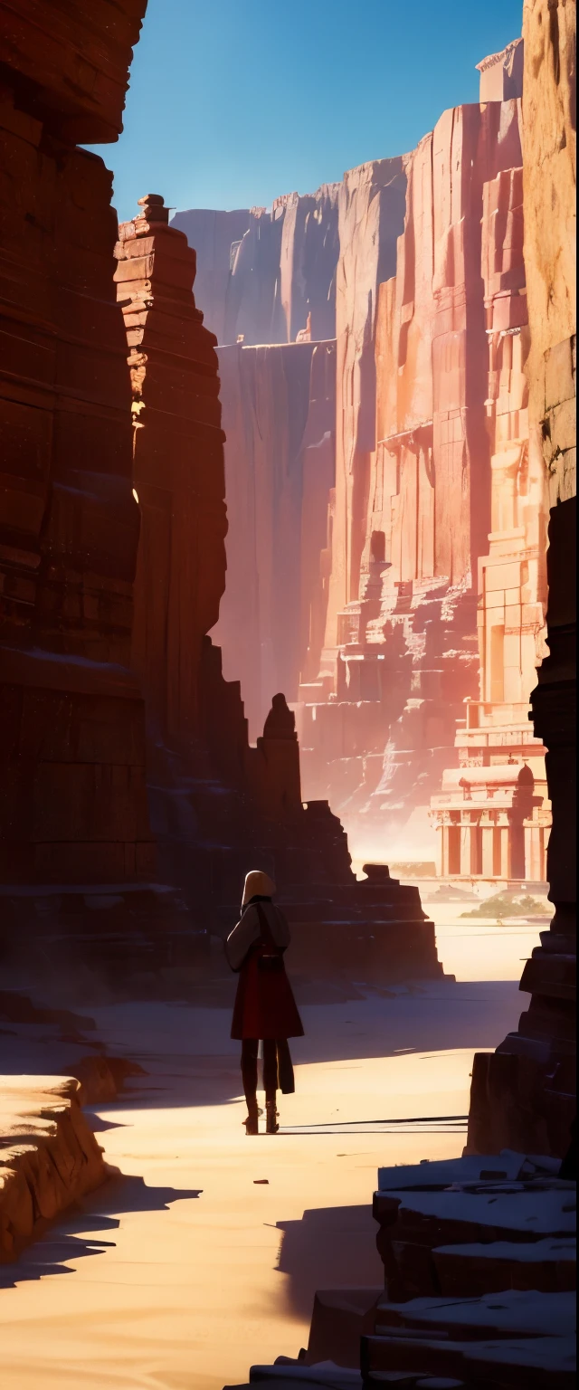 ((realistic light, best quality, 8K, muste piece: 1.3)), ((Desert canyon turned red by the setting sun)), (A huge temple carved into a high cliff), A priestess standing in front of a temple, very hot and sexy, has a long cane, 