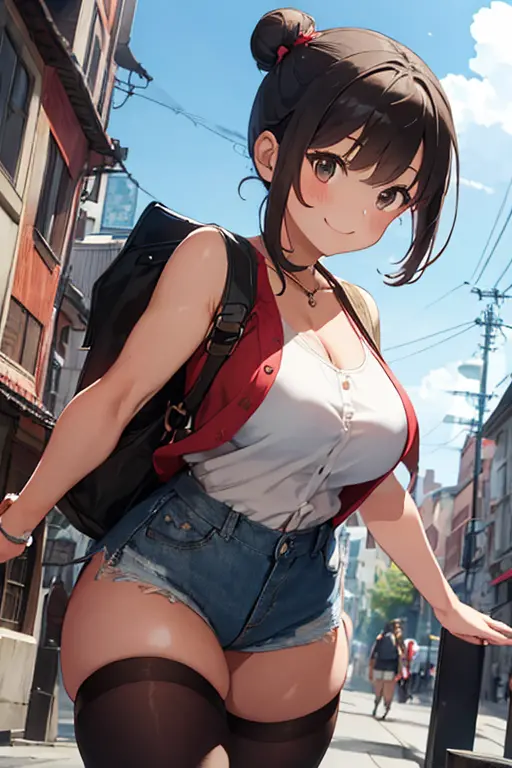 masterpiece、The best、1 female、denim vest、denim short、Red shirt， Bun bun、black hair、Shoulder leakage、big breasts、chubby、Smile、Whi...