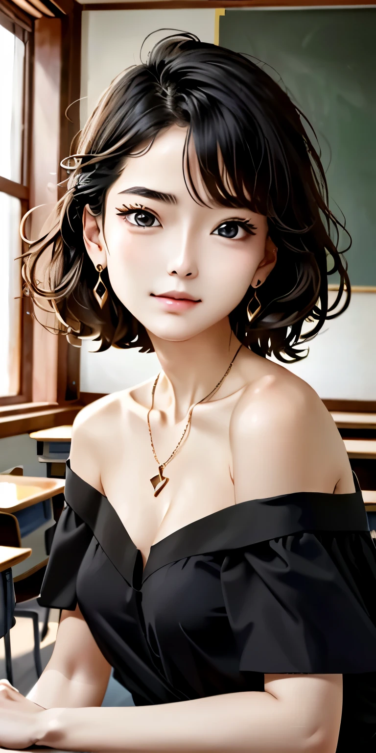 ((beautiful face))、very delicate facial、creamy、masterpiece、1 girl、１４talent、small breasts、small breasts、small breasts、highest quality、ultra high resolution、(photorealistic:1.4)、whole body、、shine softly、great scene lighting、(inside the classroom)、((black off) -shoulder dress))、look at the audience、necklace