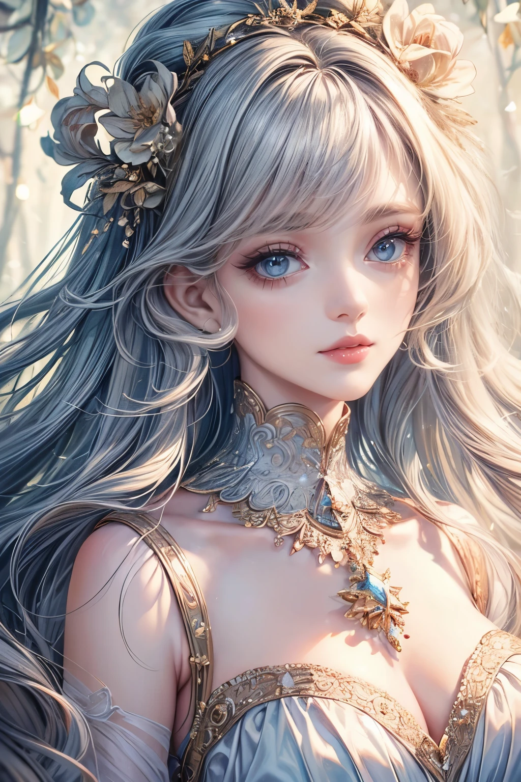 (best quality,8K,CG),detailed upper body,lonely girl,floral forest background,complex facial features,elegant long curly hair,almond-shaped big eyes,detailed eye makeup,long eyelashes,twinkling stars,exquisite lip details,soft and harmonious style.