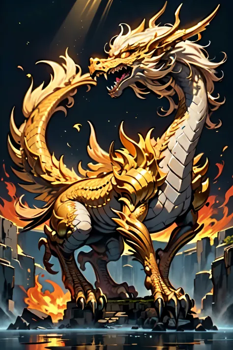 (a majestic close-up of a legendary golden dragon - vibrant, flying sky, scales reflecting sunlight - intricate details, fiery eyes - ancient wisdom), (Best quality, realistic: 1.37), Ultra detailed (vivid colors , beautiful color palette), ethereal atmosp...